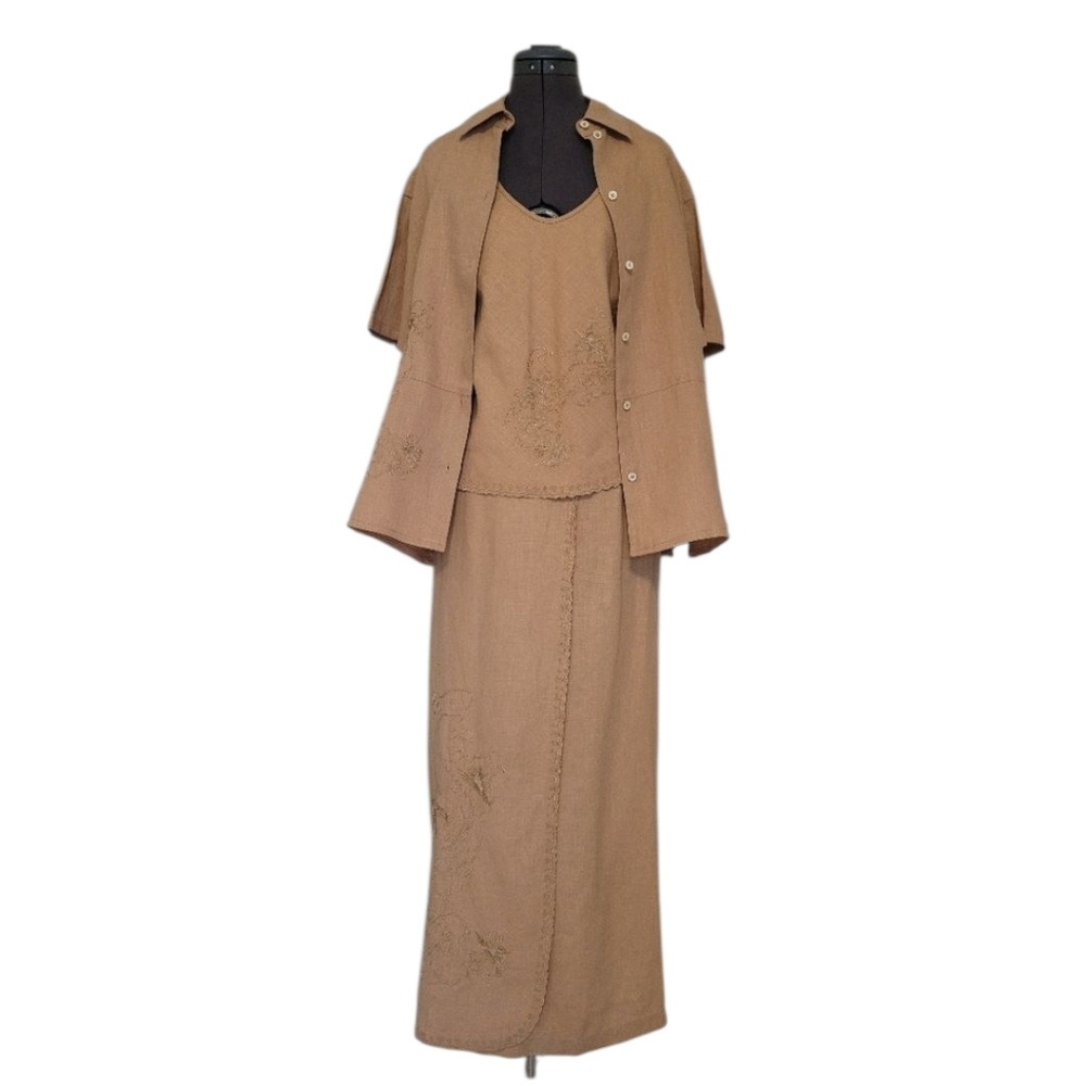 100% Linen 3pc Skirt Set Olsen Embroidery Beaded Belted Natural Neutral